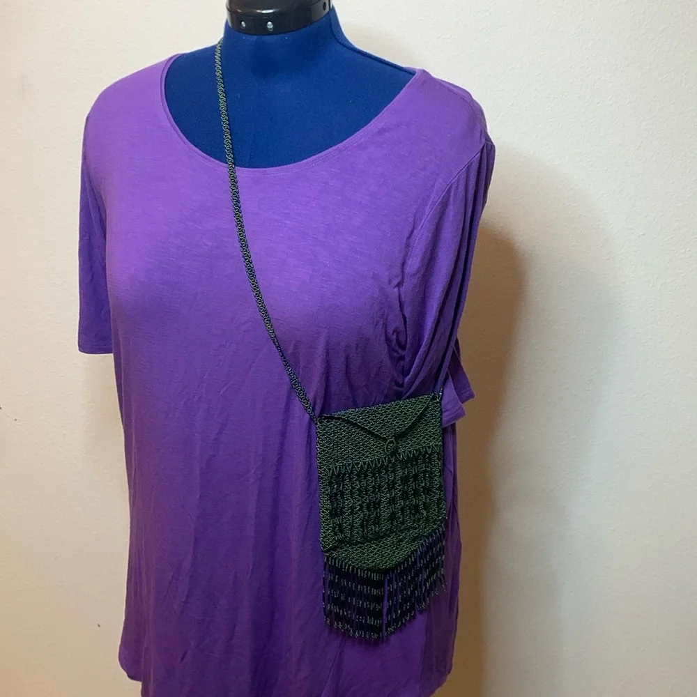 crossbody handbag BEADED hand crafted green With blue purple beads 5.5 x 7” NWOT
